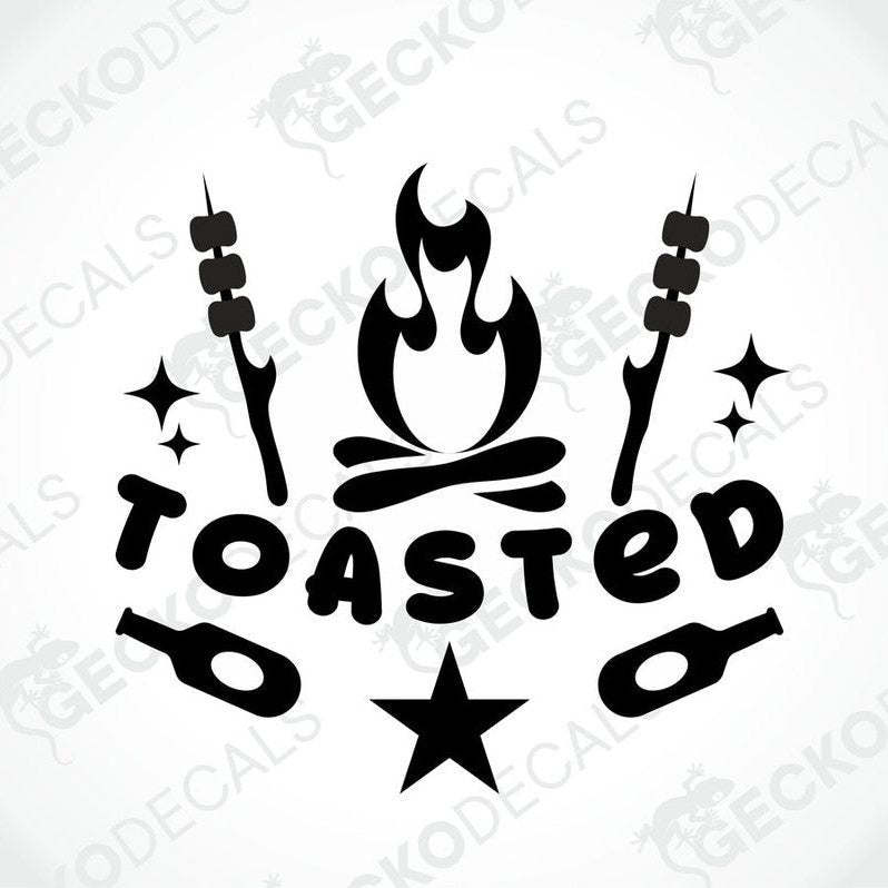 Black TOASTED campfire die-cut decal with marshmallow skewers and stars for car or laptop