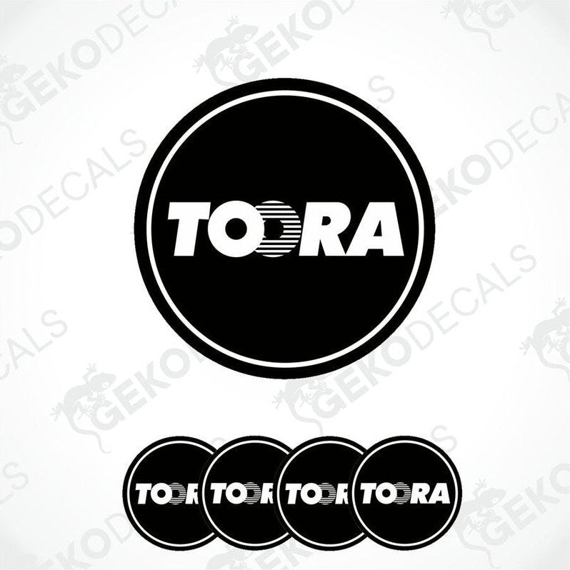 A set of four black vinyl decals with the brand name 'TOORA' in white letters.