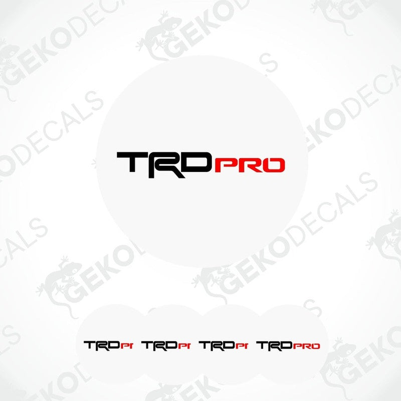 A set of four white vinyl decals with the TRD PRO logo, designed for use on vehicles.