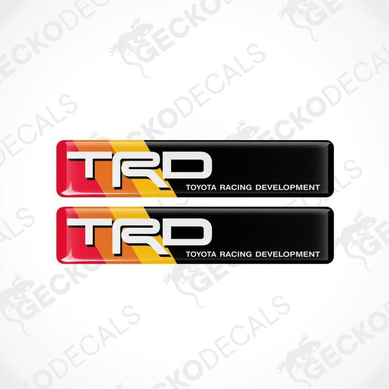 Two TRD Toyota Racing Development decals on a white background with 'Gecko Decals' branding.