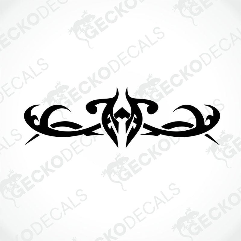 A black tribal pattern die cut decal on a white background, designed for use on both interior and exterior surfaces.
