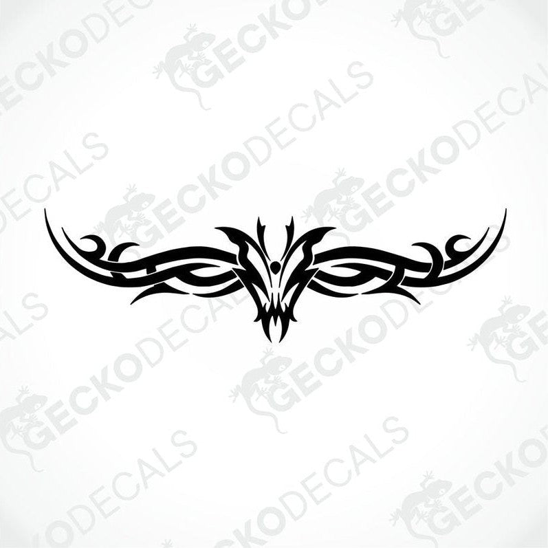 A black tribal pattern die cut decal on a white background, intended for use on both interior and exterior surfaces.