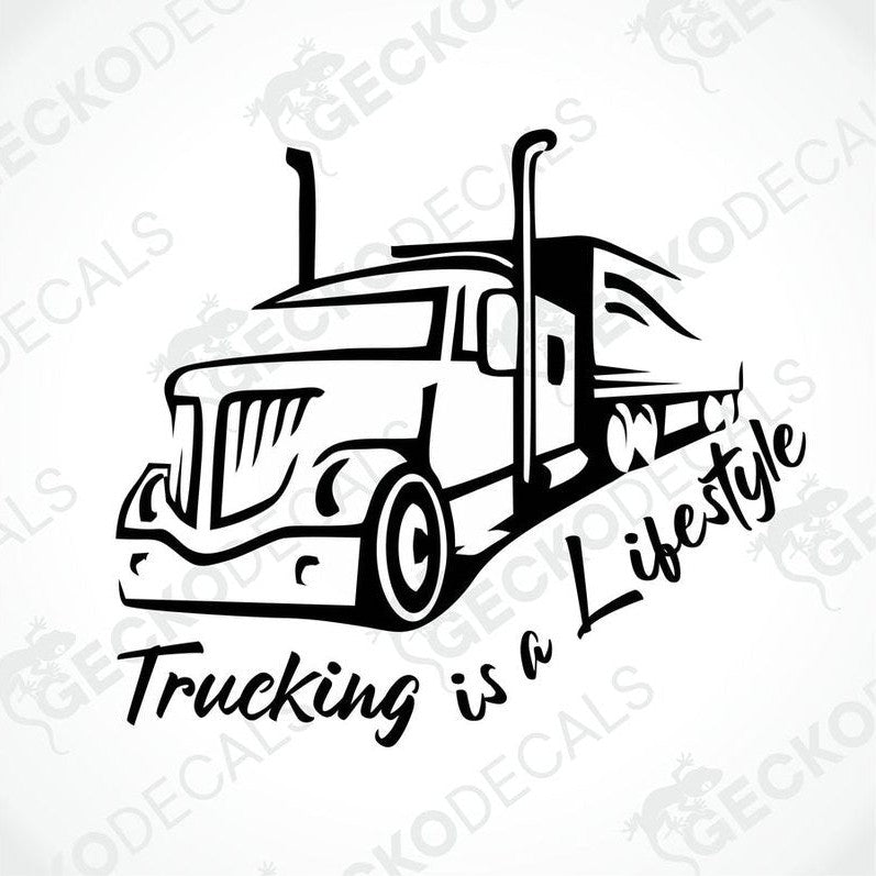 A black and white design decal featuring a truck with the phrase 'Trucking is a Lifestyle' on it.