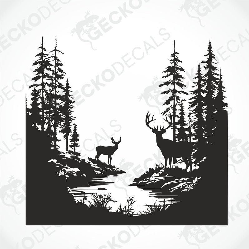 A die cut decal of two deer in a forest setting, intended for use on vehicles or other surfaces.