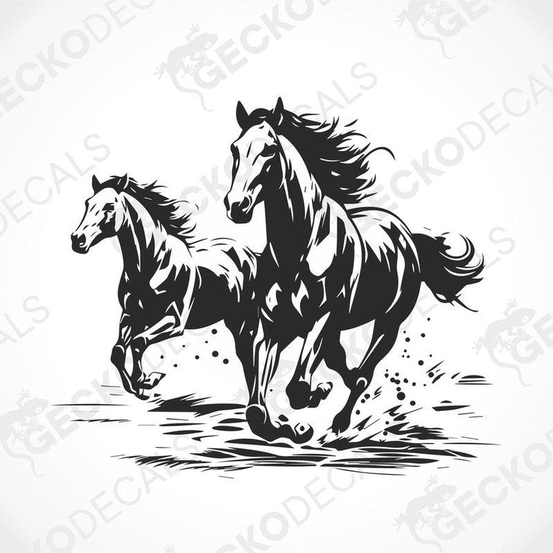 A decal of two running horses with a black and white color scheme.