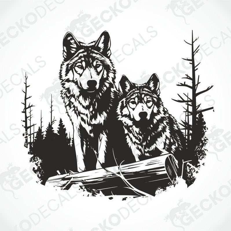 A decal featuring two black and white wolves walking in a forest.