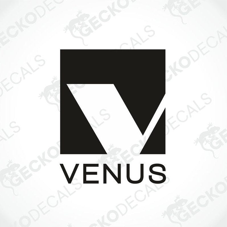 Black and white VENUS die cut decal with geometric V logo for car or caravan interior exterior