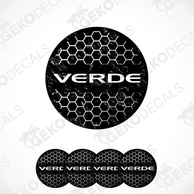 A set of black and white vinyl decals with the brand name VERDE on them, designed for use as car wheel decals.