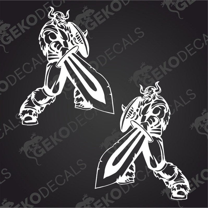 Two black decals of a Viking with a sword, one for the right side and one for the left, on a dark background.