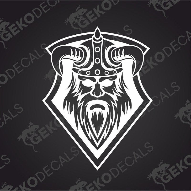 A black and white decal of a Viking helmet with intricate details.