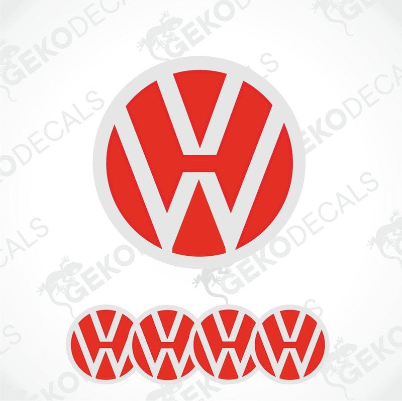 A set of four red and white vinyl stickers with a dome shape, featuring the Volkswagen logo.