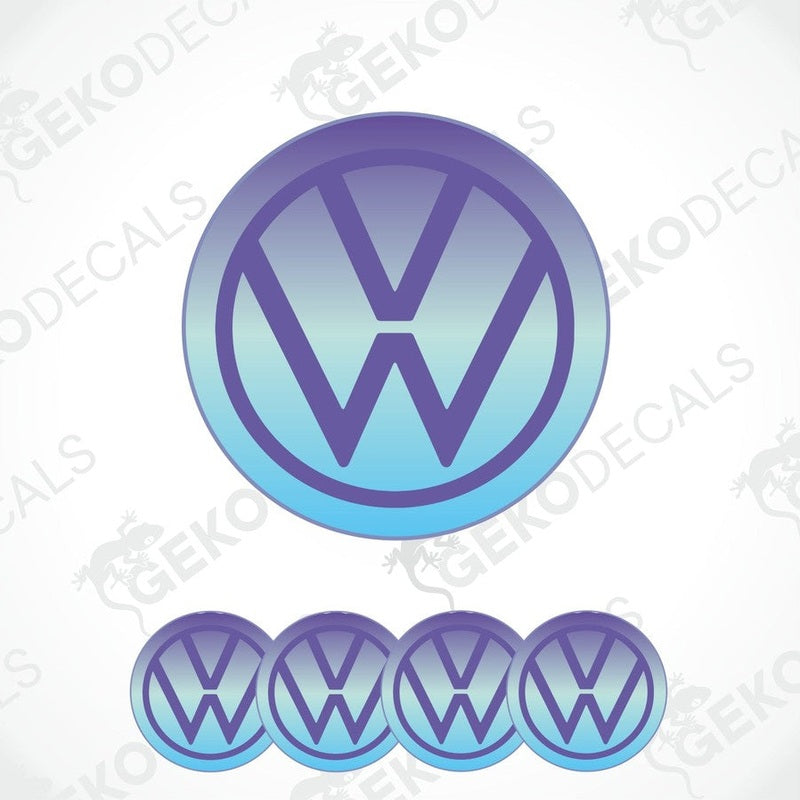 A set of four blue and purple domed vinyl decals with the Volkswagen logo.
