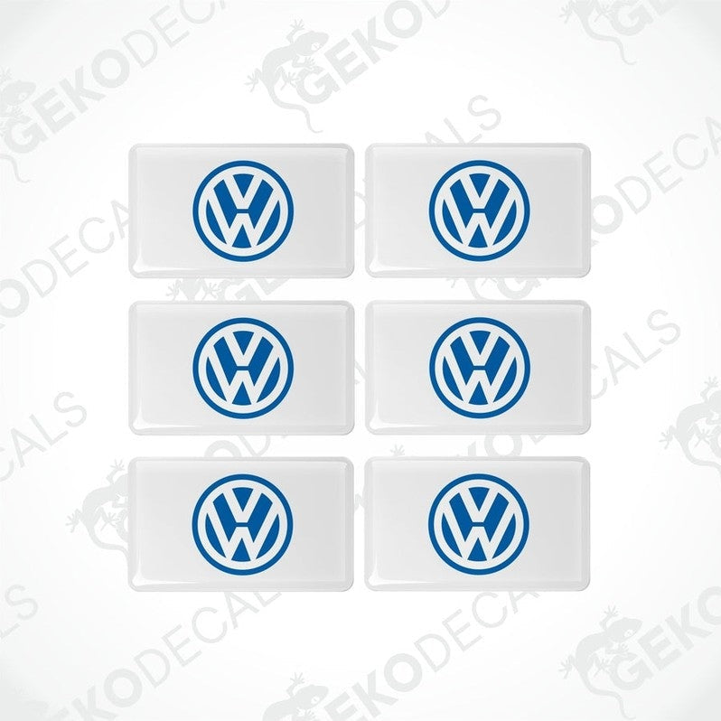 A set of six withe and blue vinyl decals with the Volkswagen logo.