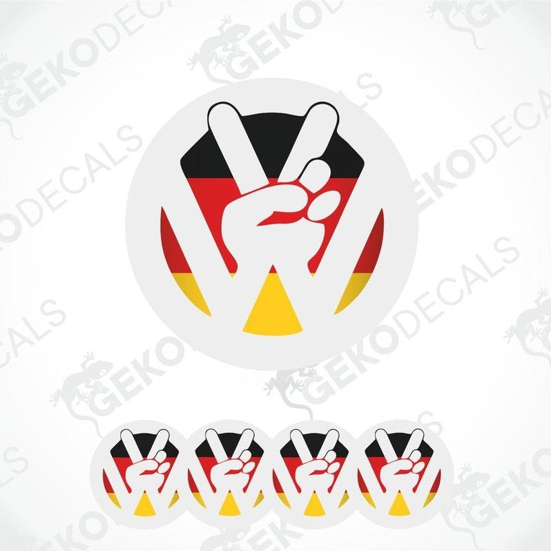 A set of four white vinyl stickers with a red, black, and yellow design, featuring the VW logo and the German flag.