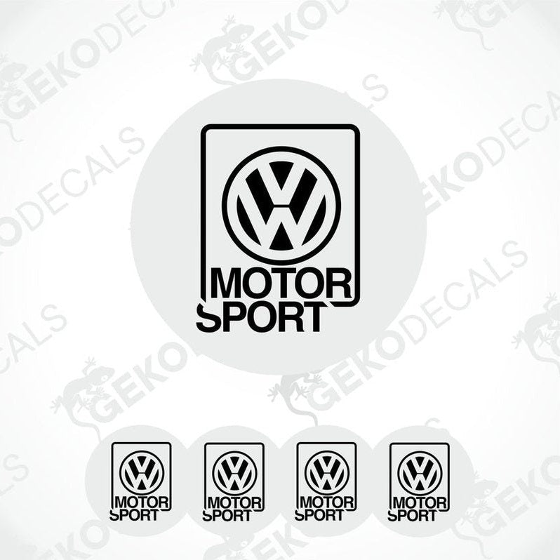 A set of four white vinyl stickers with the Volkswagen MotorSport logo in black.