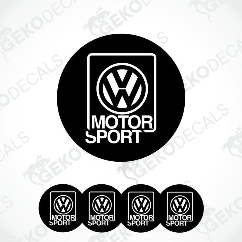 A set of four black vinyl stickers with the word 'MOTORSPORT' and the Volkswagen logo on each sticker.
