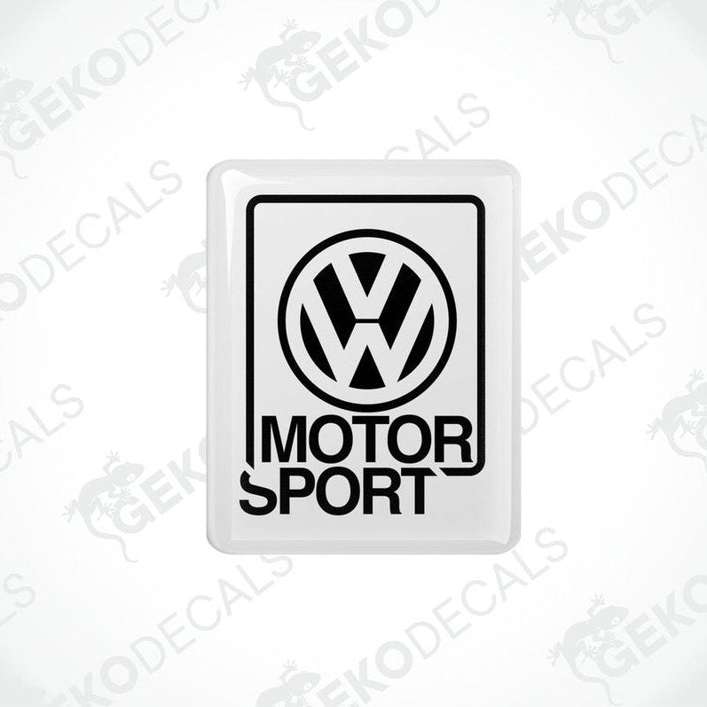 Withe vinyl stickers with the Volkswagen logo and the word 'MOTORSPORT' printed below.