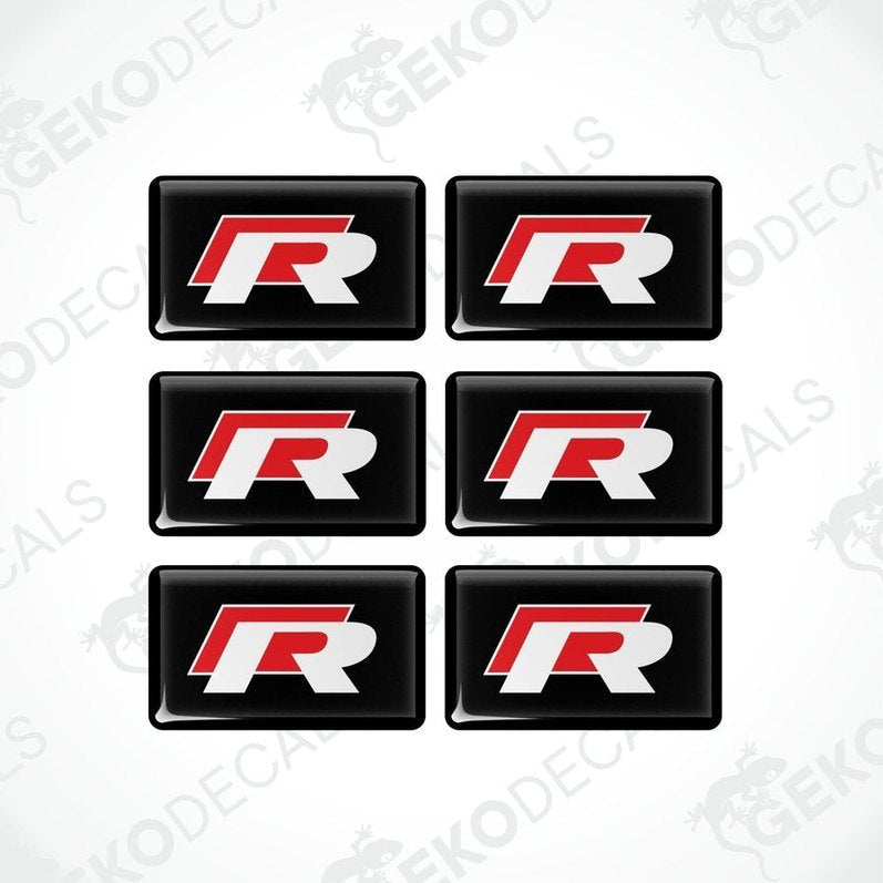 A set of six black vinyl stickers with the VOLKSWAGEN R-LINE logo in red and withe.