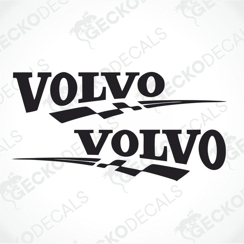Two black 'VOLVO' brand stickers with a tribal design on a white background.