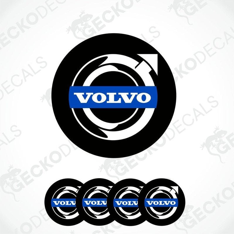 A set of four vinyl decals with a polyurethane coating featuring the Volvo brand logo in black, blue, and white colors.