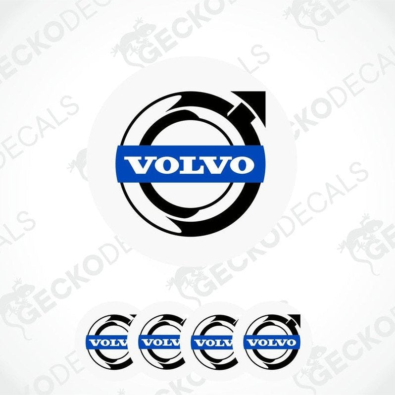A set of four round car decals with the Volvo logo in black, blue, and white colors.