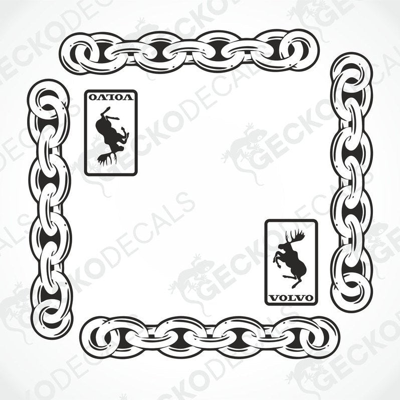 A set of die cut black and white chain side window decals for a Volvo truck, including two decals with the Volvo brand logo and a moose image.