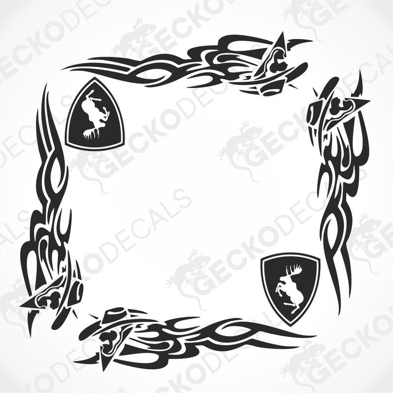 A set of two black tribal patterned decals for vehicle side windows, with one decal depicting a horse-like figure within a shield.
