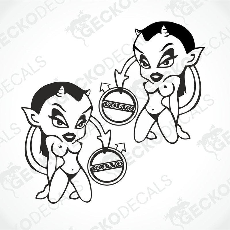 Two black and white stickers of cartoonish devils with the brand name 'VOLVO' on one of the stickers.