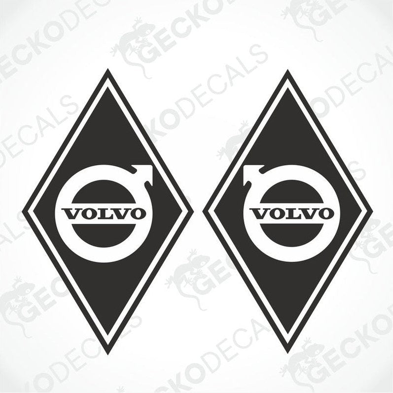 Two black and white diamond-shaped Volvo stickers designed for use on vehicles.