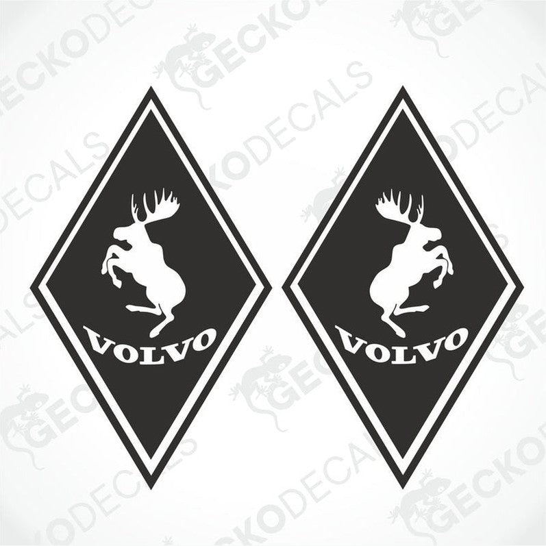 Two black die cut stickers with a volvo logo and a moose in the center, positioned on a white background.