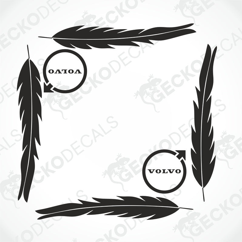 A set of black feather-shaped decals with the Volvo brand logo on them, intended for use as vehicle side window decorations.