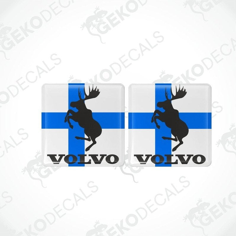 Two square-shaped vinyl decals with a polyurethane coating, featuring the Volvo brand and a silhouette of a moose on a blue and white background.
