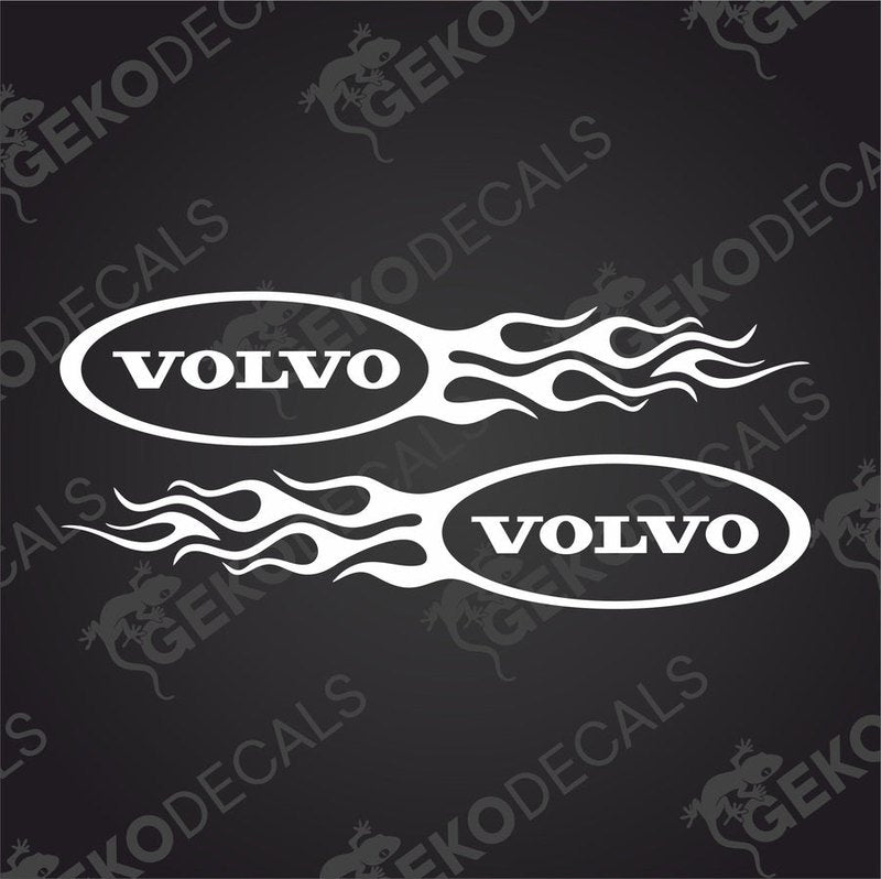 Two white flame-shaped stickers with the 'Volvo' brand name in the center, one for each side, on a black background.