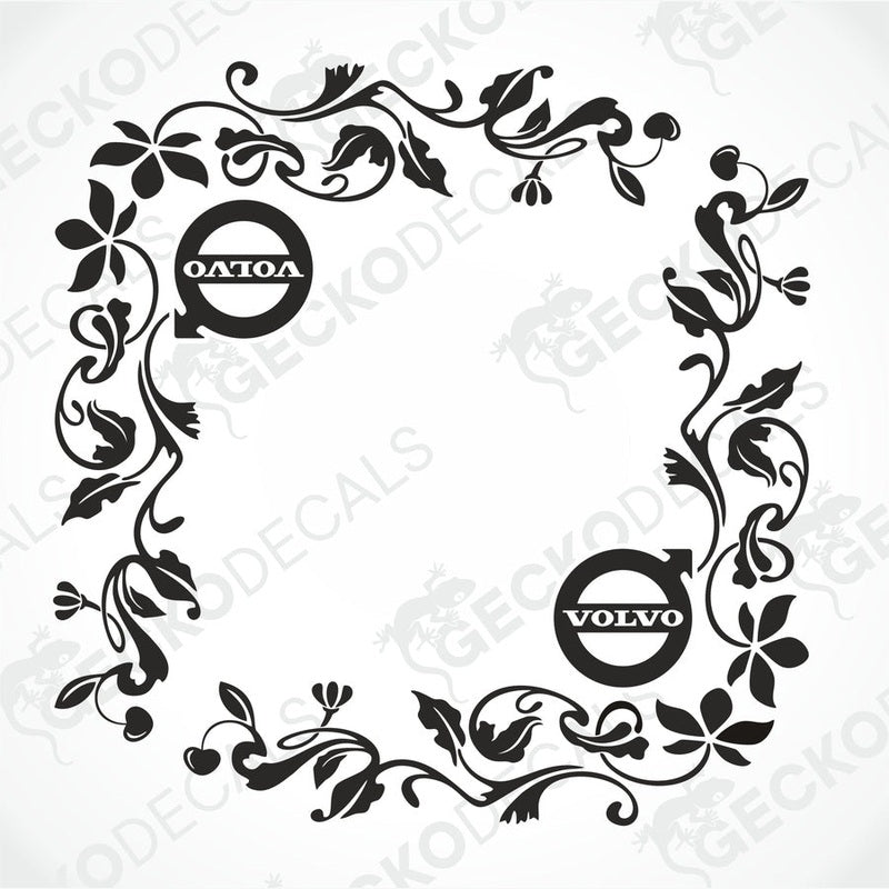 A floral design die cut decal for a Volvo vehicle, featuring the brand's logo within the pattern.