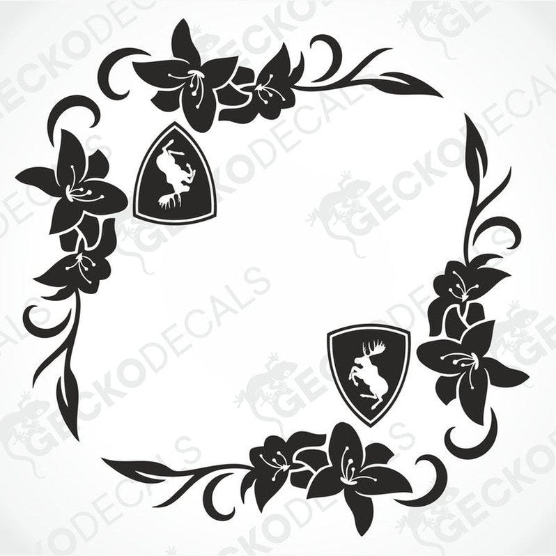 A black and white image of a die-cut vehicle decal featuring floral patterns and animal motifs.