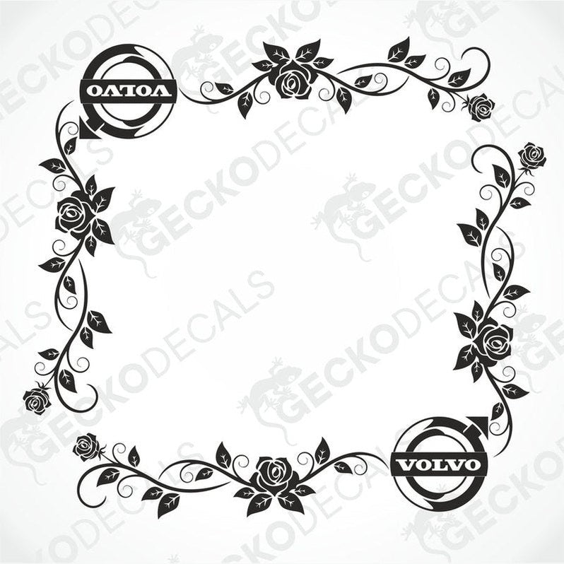 A die cut decal with floral design, including roses, intended for use on side windows of a Volvo truck, showing the word 'VOLVO' within the design.