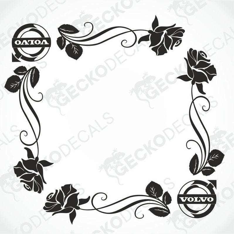 A set of two floral design die cut decals for Volvo vehicles, featuring roses and leaves, intended for use on the side windows.
