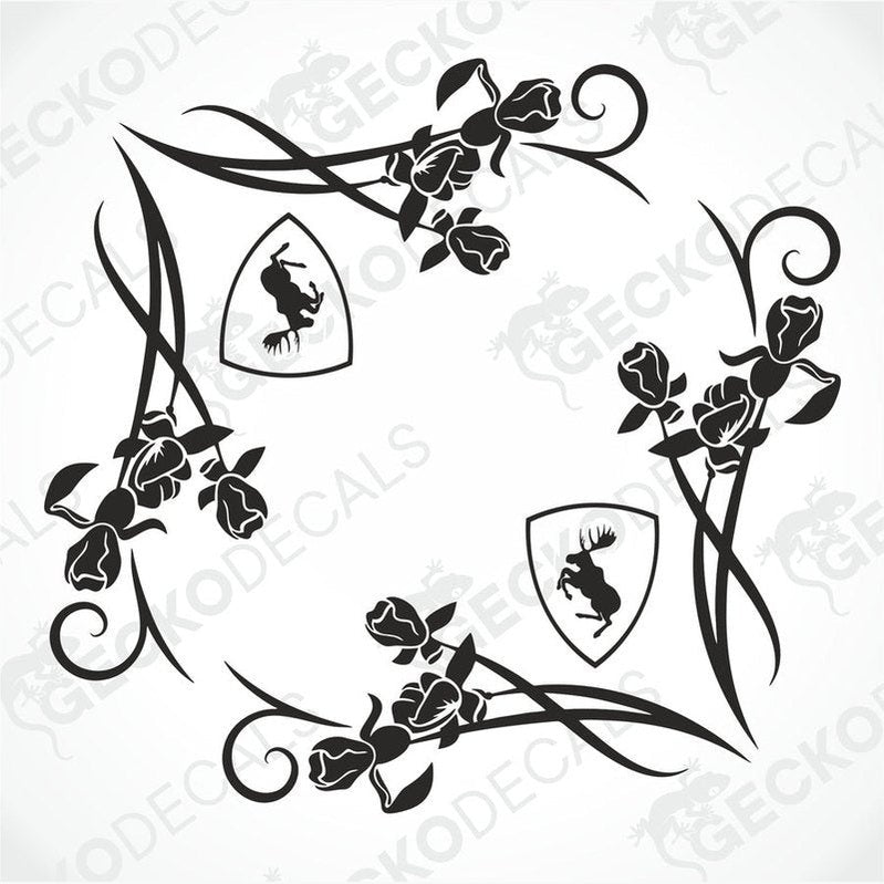 A set of two black floral side window decals for a Volvo vehicle, featuring rose designs and decorative foliage.