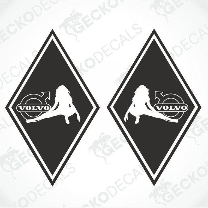 Two black decals with a diamond-shaped design featuring a stylized female figure and the Volvo brand logo.