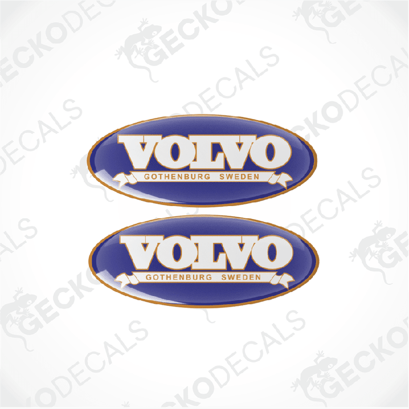 Two blue and white vinyl stickers with the text 'VOLVO GOTHENBURG SWEDEN' and a logo.