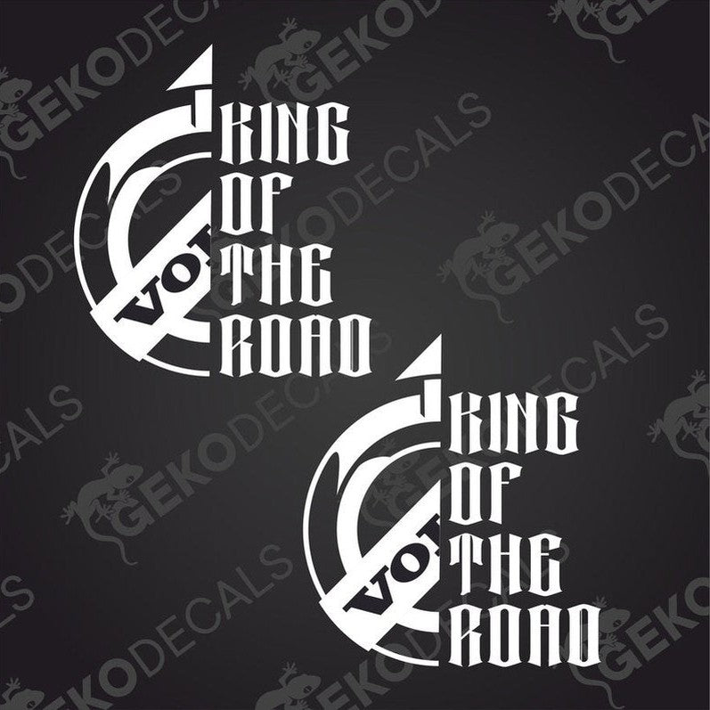 Two white vinyl stickers with the text 'KING OF THE ROAD' and a graphical design in the middle.