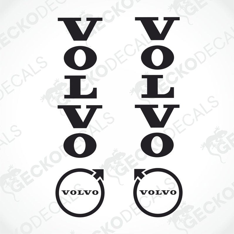 Set of Volvo brand stickers designed in black and white, including the company's logo in different stylizations.