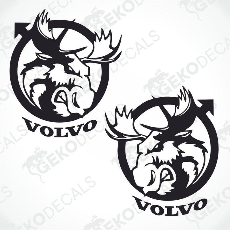 Two black and white die cut stickers of a moose, one with the front view and the other with the side view, both featuring the Volvo brand logo.
