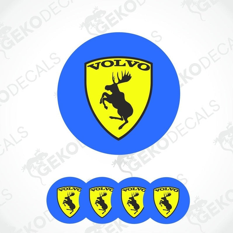 A set of vinyl decals for a Volvo vehicle, featuring a prominent round decal with the Volvo logo and moose design, and three smaller shield-shaped decals with the Volvo logo.
