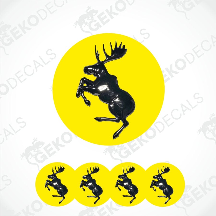 Black moose design on yellow circles with GEKODECALS branding.