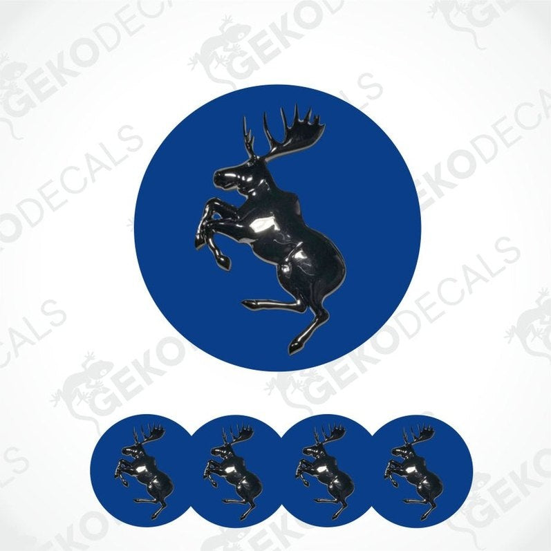 Black deer silhouette on blue circles with GEKODECALS watermark.