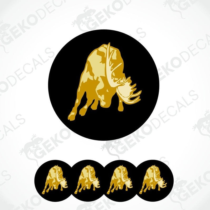 A set of four black vinyl stickers with a gold-colored moose design on each.