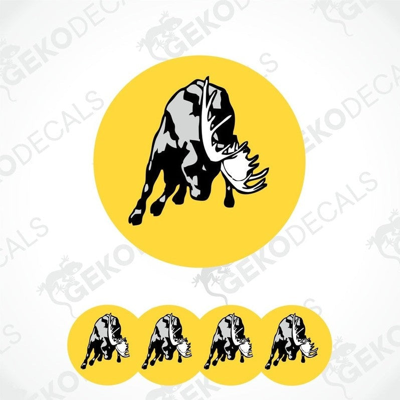 A set of vinyl decals featuring a stylized moose design, with one large decal in the center and four smaller ones arranged below.