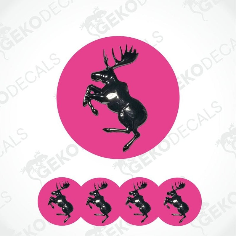 Black moose silhouette on pink circles with 'Gekodecals' branding.