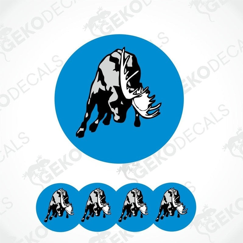 A set of vinyl decals featuring a moose design, with one large decal in the center and four smaller ones in a row below.